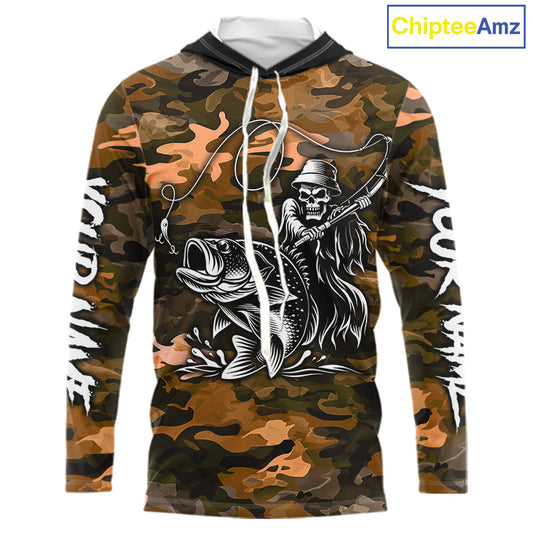 Reaper Fishing Largemouth Bass Long Sleeve Hooded Fishing Shirts Orange Camo, Camo Fishing Shirt NBT393