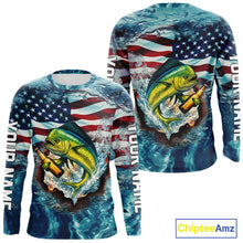Load image into Gallery viewer, American Flag Mahi Mahi (Dorado) Fishing Custom Name Blue Water Camo Long Sleeve Fishing Shirt NBT689