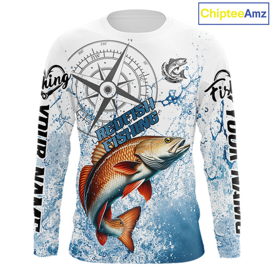 Custom Redfish Long Sleeve Fishing Shirts Saltwater Fish, Compass Offshore Tournament Fishing Shirts NBT551