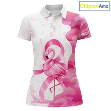 Load image into Gallery viewer, Front views of a womens Breast Cancer Awareness flamingo and pink ribbon golf polo shirt, name text on the sleeve.