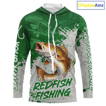 Load image into Gallery viewer, Personalized Redfish Long Sleeve Hooded Fishing Shirts Green Camo, Redfish Fishing Shirts For Men NBT398