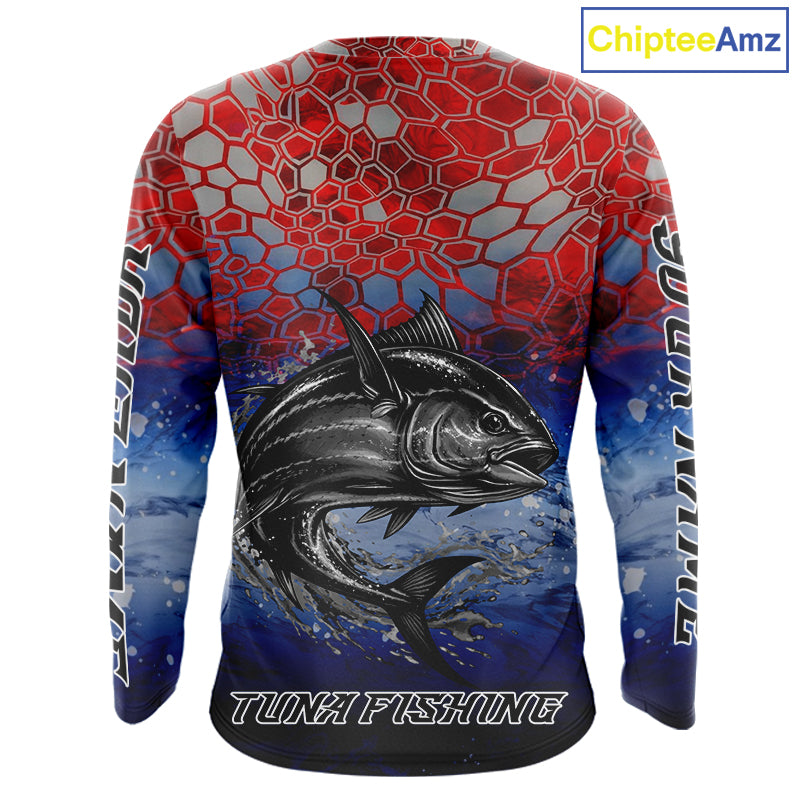 Custom Red Blue Tuna Fishing Long Sleeve Fishing Shirts, Saltwater Offshore Fishing Shirts NBT399