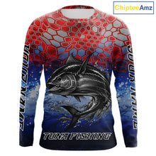 Load image into Gallery viewer, Custom Red Blue Tuna Fishing Long Sleeve Fishing Shirts, Saltwater Offshore Fishing Shirts NBT399