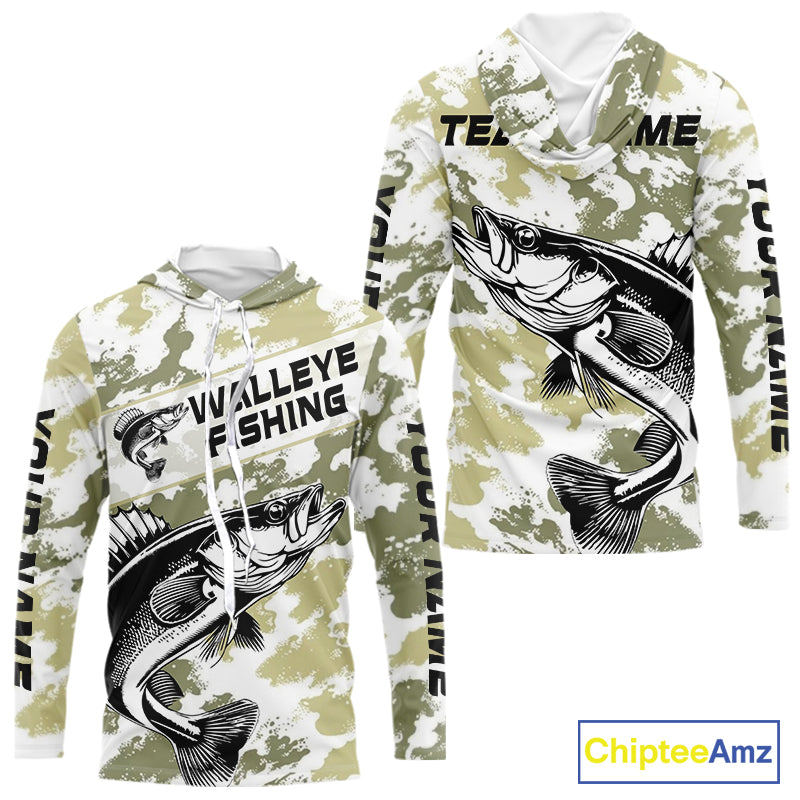 Custom Walleye Fishing Camo Long Sleeve Hooded Fishing Shirts, Personalized Walleye Fishing Team Jerseys NBT697