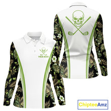 Load image into Gallery viewer, Custom Womens Golf Polo Shirts Funny Tropical Leaf Cross Skull Golf Clubs White Golf Shirt|Green NBT706
