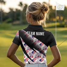 Load image into Gallery viewer, Woman wearing an America 250th Anniversary womens golf polo shirt and 'Team Name' text on the back, standing on a golf course.