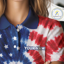 Load image into Gallery viewer, Close-up of woman wearing American flag tie dye womens golf polo shirt patriotic pattern