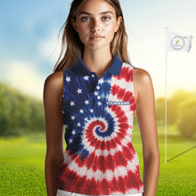 Load image into Gallery viewer, Man wearing American flag tie dye womens sleeveless golf polo shirt front view on golf course with custom name on the chest
