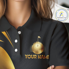 Load image into Gallery viewer, Close-up of golf clubs graphic on Black and Gold womens golf polo