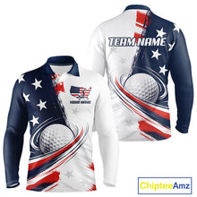 Load image into Gallery viewer, Front and back view of personalized white golf polo men shirt with American flag 4th July with personalized name