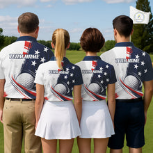 Load image into Gallery viewer, Four people wearing personalized white golf polo men shirt with American flag 4th July with 'Team Name' text on the back