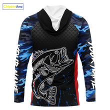 Load image into Gallery viewer, Bass Fishing Hooded Long Sleeve Shirts Blue Camouflage Fish Scale Tournament Bass Fishing Shirts NBT363