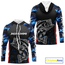 Load image into Gallery viewer, Bass Fishing Hooded Long Sleeve Shirts Blue Camouflage Fish Scale Tournament Bass Fishing Shirts NBT363