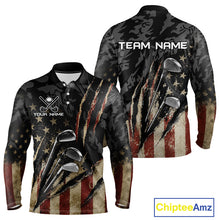 Load image into Gallery viewer, American Flag Golf Clubs Camo Mens Polo Shirt Front and Back View Custom Name