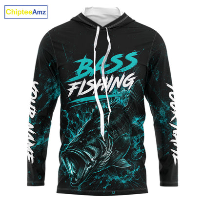 Personalized Bass Fishing Jerseys, Custom Neon Camo Bass Fishing Shirts Long Sleeve Hooded For Men NBT899