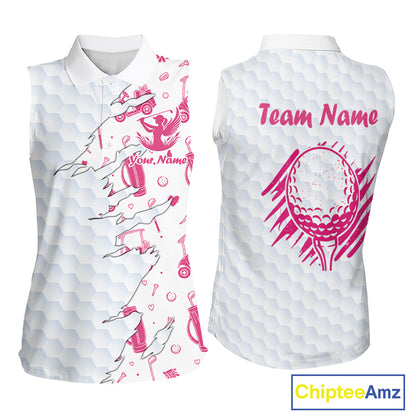 Women Sleeveless Golf Polo Shirt Custom Name Funny Golf Bag Cart Pattern Shirt, Golf Gifts For Ladies NBT825