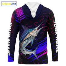 Load image into Gallery viewer, Custom Marlin Fishing Shirts with Hood Fish Hooks Long Sleeve Performance Shirt, Marlin Fishing Jersey NBT475