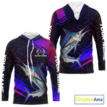 Load image into Gallery viewer, Custom Marlin Fishing Shirts with Hood Fish Hooks Long Sleeve Performance Shirt, Marlin Fishing Jersey NBT475