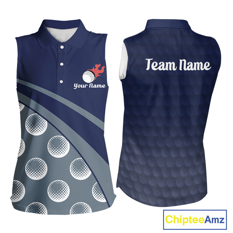 front view of funny golf balls pattern womens sleeveless blue golf polo shirt for ladies