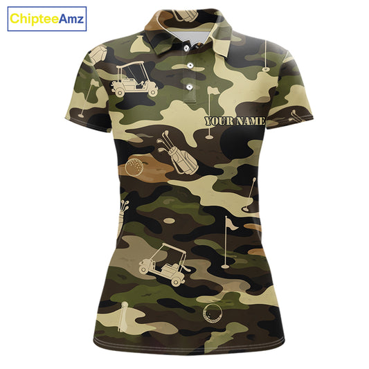 Green Camo Womens Golf Polo Shirts Custom Golf Attire For Ladies, Personalized Golfer Gifts NBT626