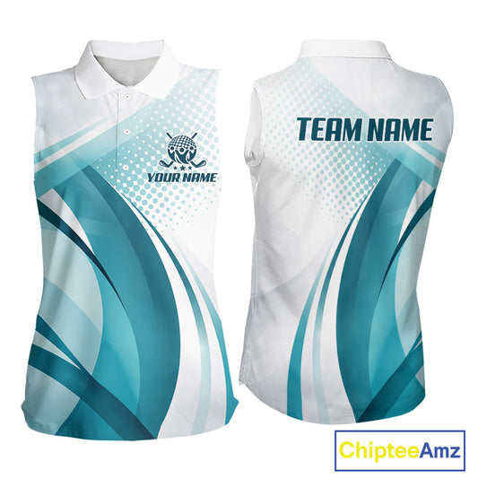 Womens Sleeveless Golf Polo Shirt Blue Pattern Custom Name And Team Name Golf Shirt, Golfing Gifts NBT528