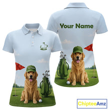 Load image into Gallery viewer, Light blue womens polo shirt with a dog playing golf design 