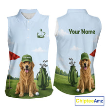 Load image into Gallery viewer, Sleeveless shirt with a golden retriever on a golf course design, customizable text