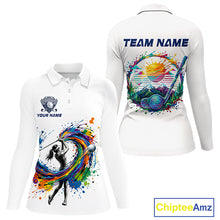 Load image into Gallery viewer, Womens Golf Polo Shirt Watercolor Golfer Golf Pattern Custom Name White Golf Shirt, Golf Gifts NBT685
