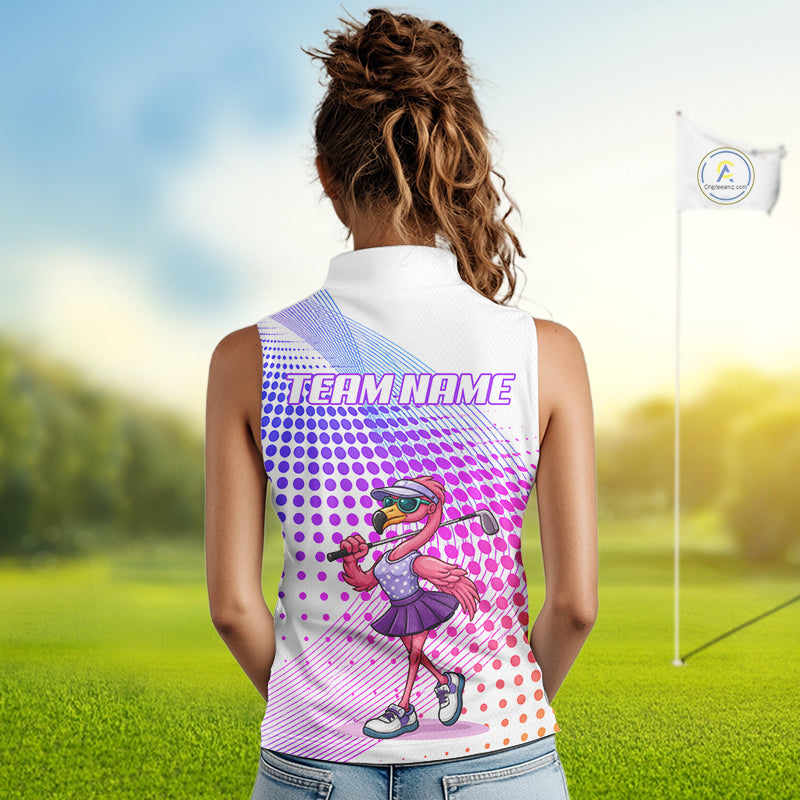 Custom Name Funny Flamingo Womens Sleeveless Golf Polo Shirts, Golf Gifts For Ladies, Flamingo Lovers NBT540