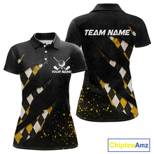 Load image into Gallery viewer, Front and back views of a womens black and yellow argyle pattern golf polo shirt, chest name text, and team name on the back.