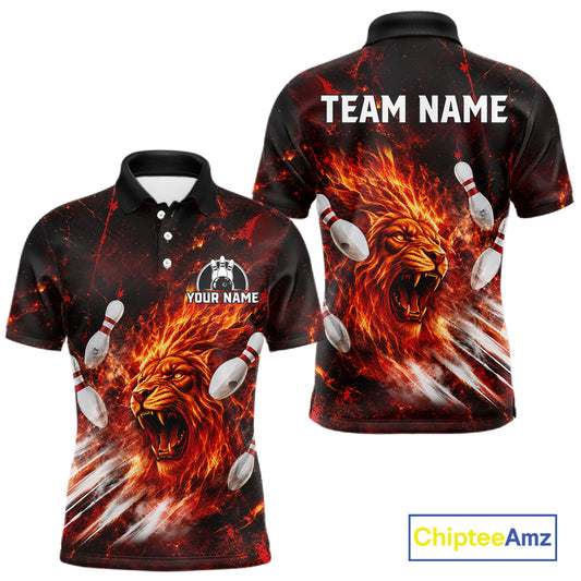 Front and back view of Red Flame Lion Custom Men Bowling Quarter Zip Shirts Bowling League Shirts Bowling Team Jerseys