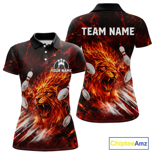Front and back view of Red Flame Lion Custom Men Bowling Polo Shirts Bowling League Shirts with personalized name
