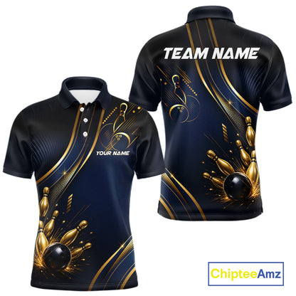 Navy Blue And Gold Mens Bowling Polo & 1/4 Quarter Zip Shirts, Bowling Team Tournament Jerseys NBT959