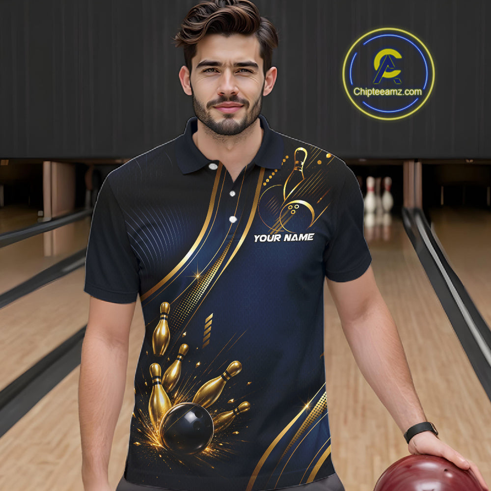Navy Blue And Gold Mens Bowling Polo & 1/4 Quarter Zip Shirts, Bowling Team Tournament Jerseys NBT959