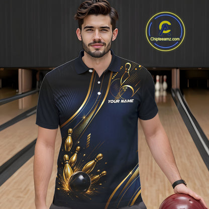 Navy Blue And Gold Mens Bowling Polo & 1/4 Quarter Zip Shirts, Bowling Team Tournament Jerseys NBT959