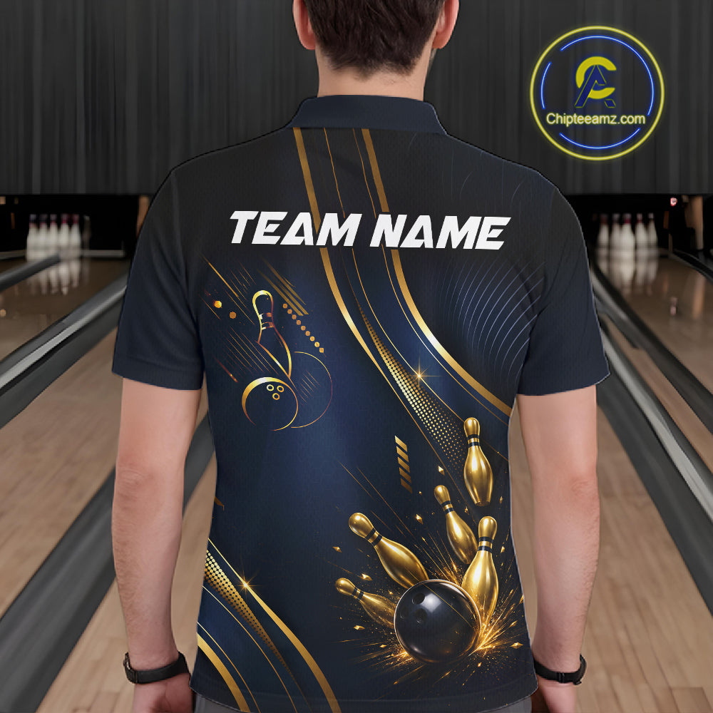 Navy Blue And Gold Mens Bowling Polo & 1/4 Quarter Zip Shirts, Bowling Team Tournament Jerseys NBT959