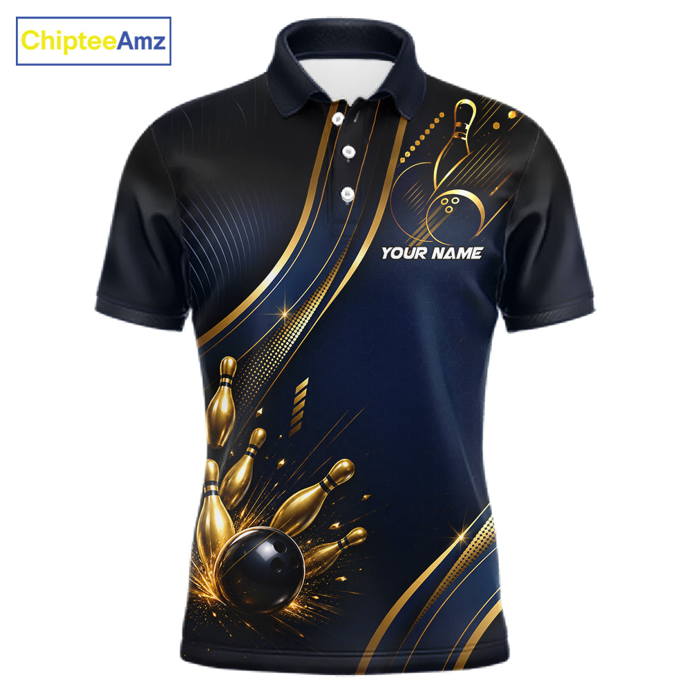 Navy Blue And Gold Mens Bowling Polo & 1/4 Quarter Zip Shirts, Bowling Team Tournament Jerseys NBT959