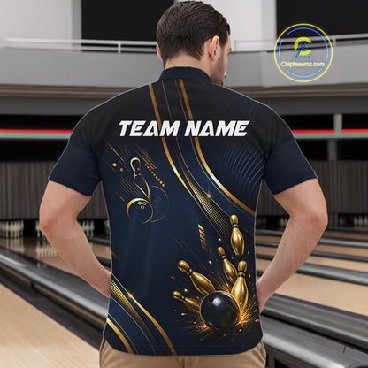 Navy Blue And Gold Mens Bowling Polo & 1/4 Quarter Zip Shirts, Bowling Team Tournament Jerseys NBT959