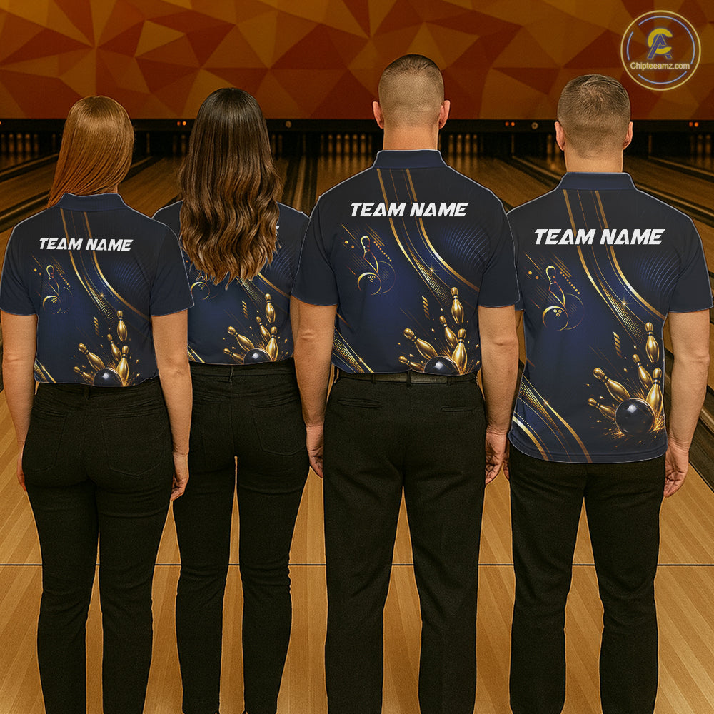 Navy Blue And Gold Mens Bowling Polo & 1/4 Quarter Zip Shirts, Bowling Team Tournament Jerseys NBT959