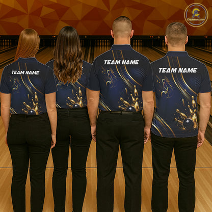 Navy Blue And Gold Mens Bowling Polo & 1/4 Quarter Zip Shirts, Bowling Team Tournament Jerseys NBT959
