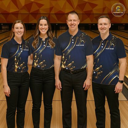 Navy Blue And Gold Mens Bowling Polo & 1/4 Quarter Zip Shirts, Bowling Team Tournament Jerseys NBT959