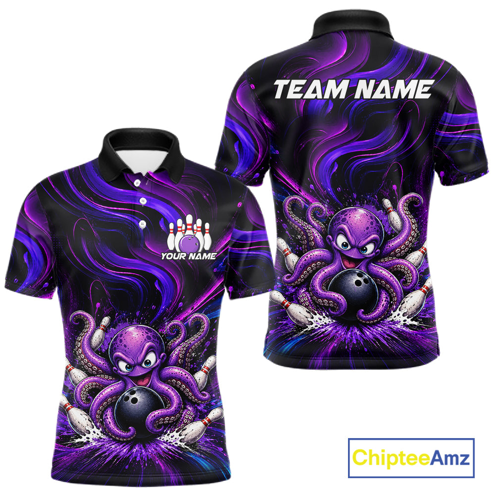 Funny Purple Octopus Bowling Polo & Quarter Zip For Men, Custom Bowling Team Shirt Bowling Jersey NBT960