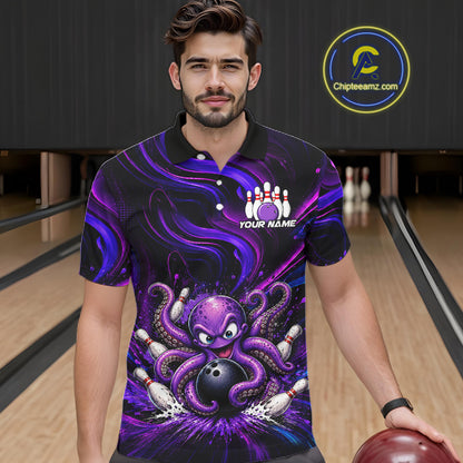 Funny Purple Octopus Bowling Polo & Quarter Zip For Men, Custom Bowling Team Shirt Bowling Jersey NBT960