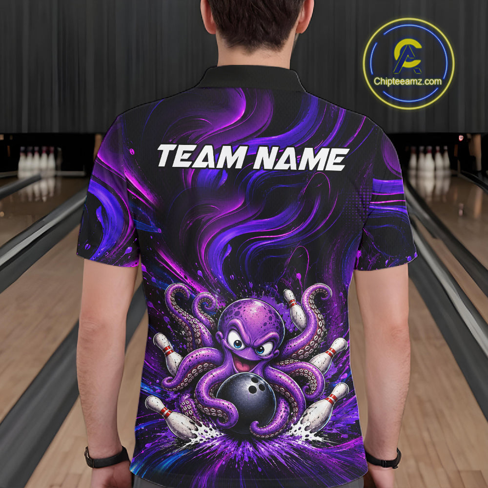 Funny Purple Octopus Bowling Polo & Quarter Zip For Men, Custom Bowling Team Shirt Bowling Jersey NBT960