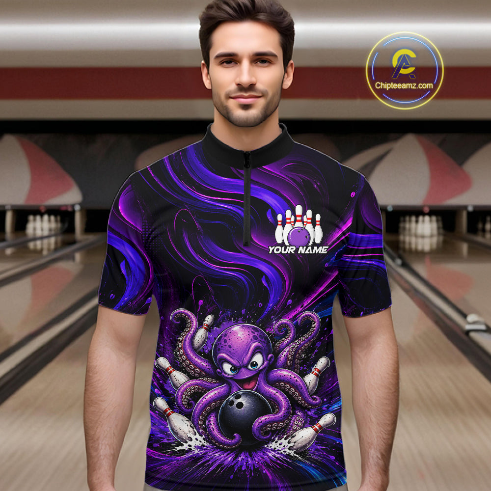 Funny Purple Octopus Bowling Polo & Quarter Zip For Men, Custom Bowling Team Shirt Bowling Jersey NBT960