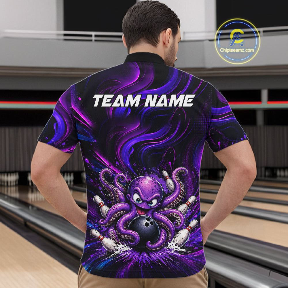 Funny Purple Octopus Bowling Polo & Quarter Zip For Men, Custom Bowling Team Shirt Bowling Jersey NBT960