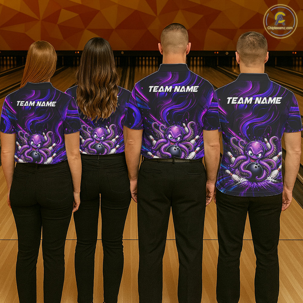 Funny Purple Octopus Bowling Polo & Quarter Zip For Men, Custom Bowling Team Shirt Bowling Jersey NBT960