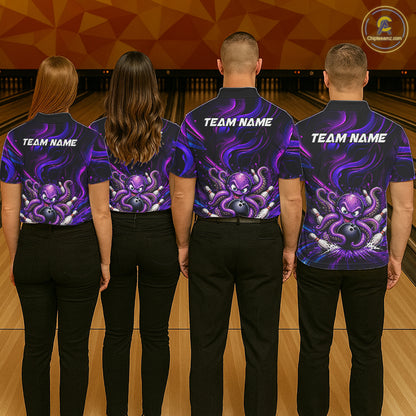 Funny Purple Octopus Bowling Polo & Quarter Zip For Men, Custom Bowling Team Shirt Bowling Jersey NBT960