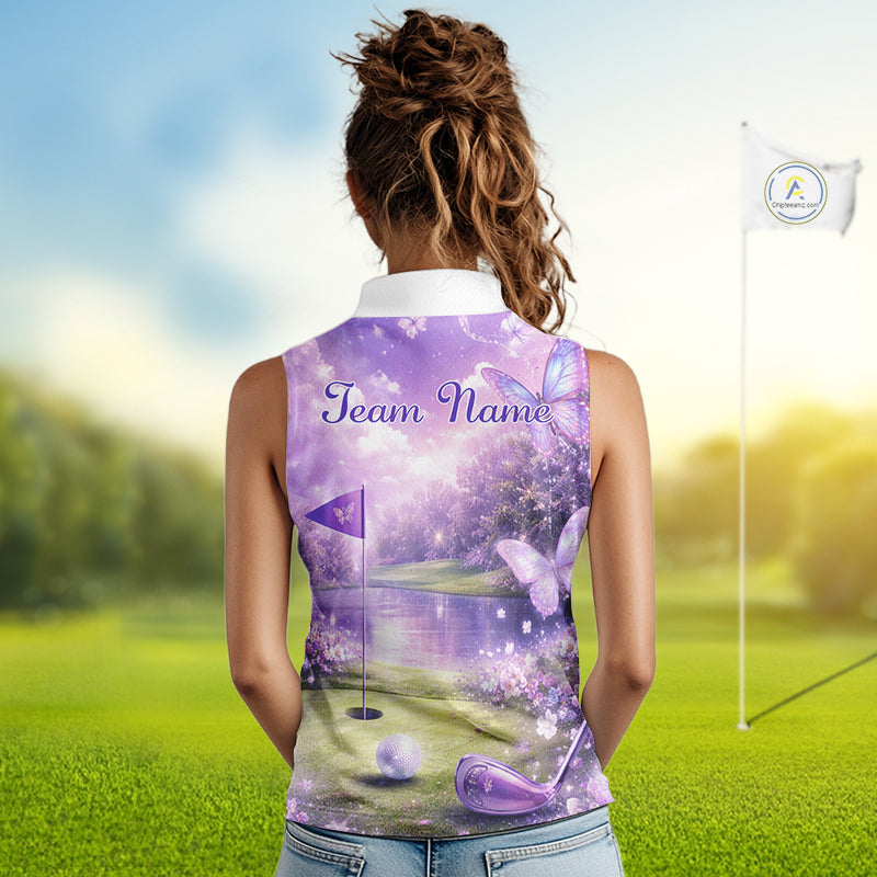 Purple Butterfly Womens Sleeveless Golf Polo Shirt Custom Name Floral Colorful Golf Shirts NBT557