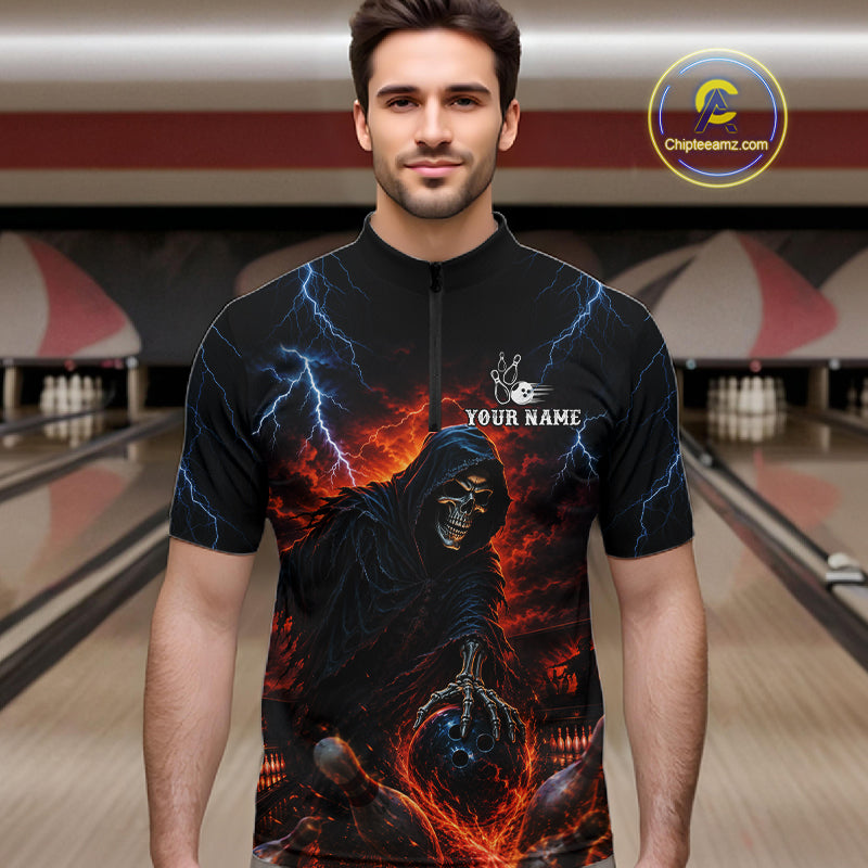 Custom Grim Reaper Lightning Bowling Shirt For Men, Skull Bowling Jersey Team Polo & 1/4 Zip Shirt NBT963